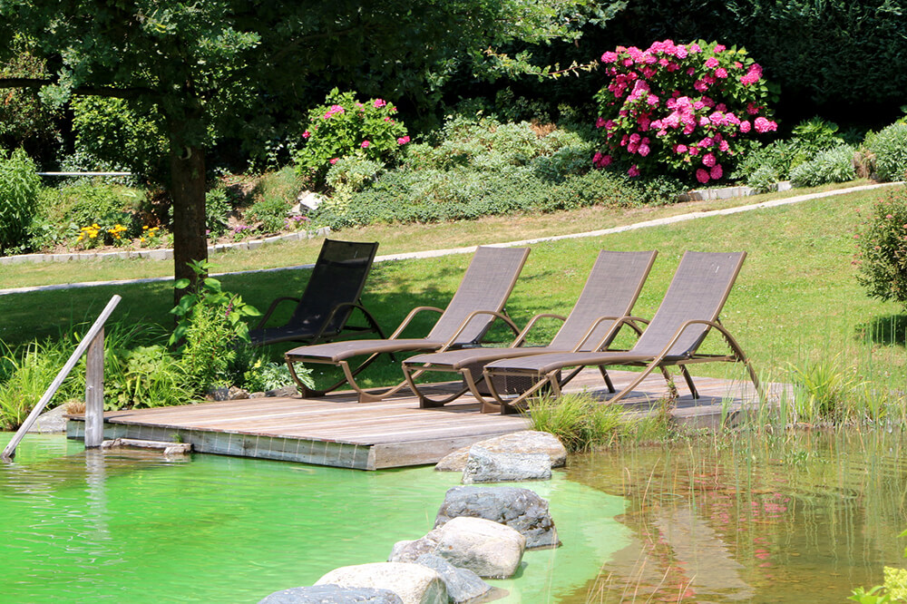 Schwimmteich im Garten mit Steinbegrenzung