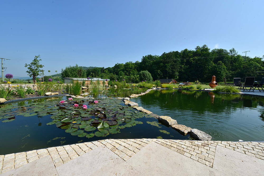 Steine als Dekorationselement in einem Teich